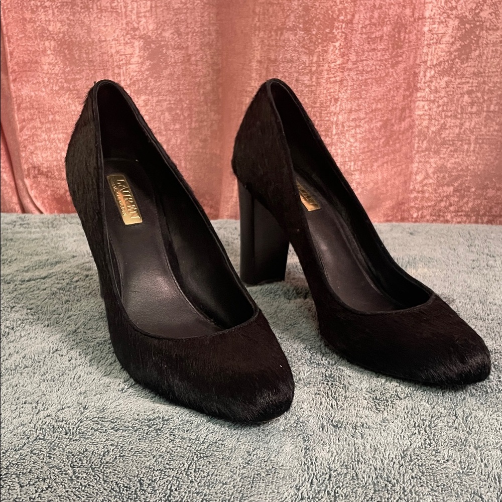 Ralph Lauren Black Pony Hair Block Heel Round Toe Shoes Formal Slip on Pumps 10B